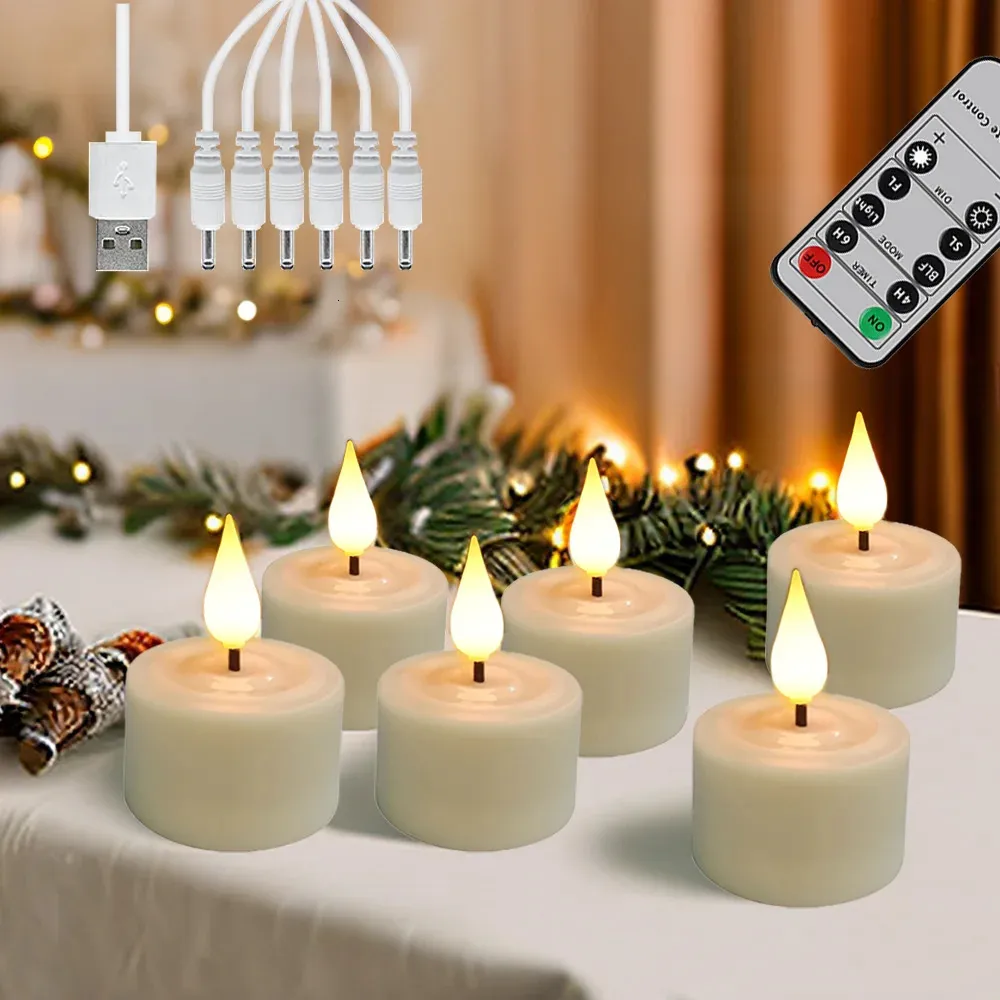 612 USB -oplaadbare theelichten met vlamloze getimede flitsende afstandsbediening Kaarsen Verjaardagshuis Decoratie LED Candle 240430