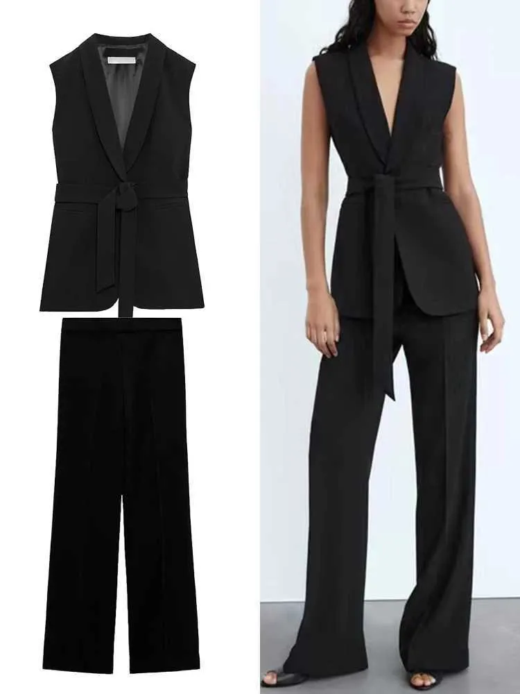 Women's Jumpsuits Rompers ZBZA Womens Elegant Sleless Vest High Waisted Drapey Trousers Set With Belt Fashion Dress Vests Comter Womenswear d240507