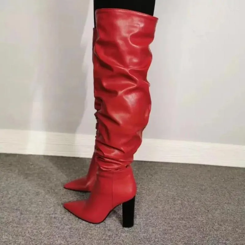 ブーツ2024手作りの女性膝の高い四角いかかとを尖らせるつま先のゴージャスな赤いドレスシューズと私たちのサイズ5-15