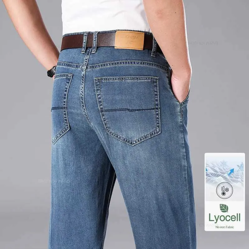 Mäns jeans sommar ultratunna herrar lyocell is silkes jeans företag rak casual drapi premium byxor hög midje elasticitet denim byxor y240507