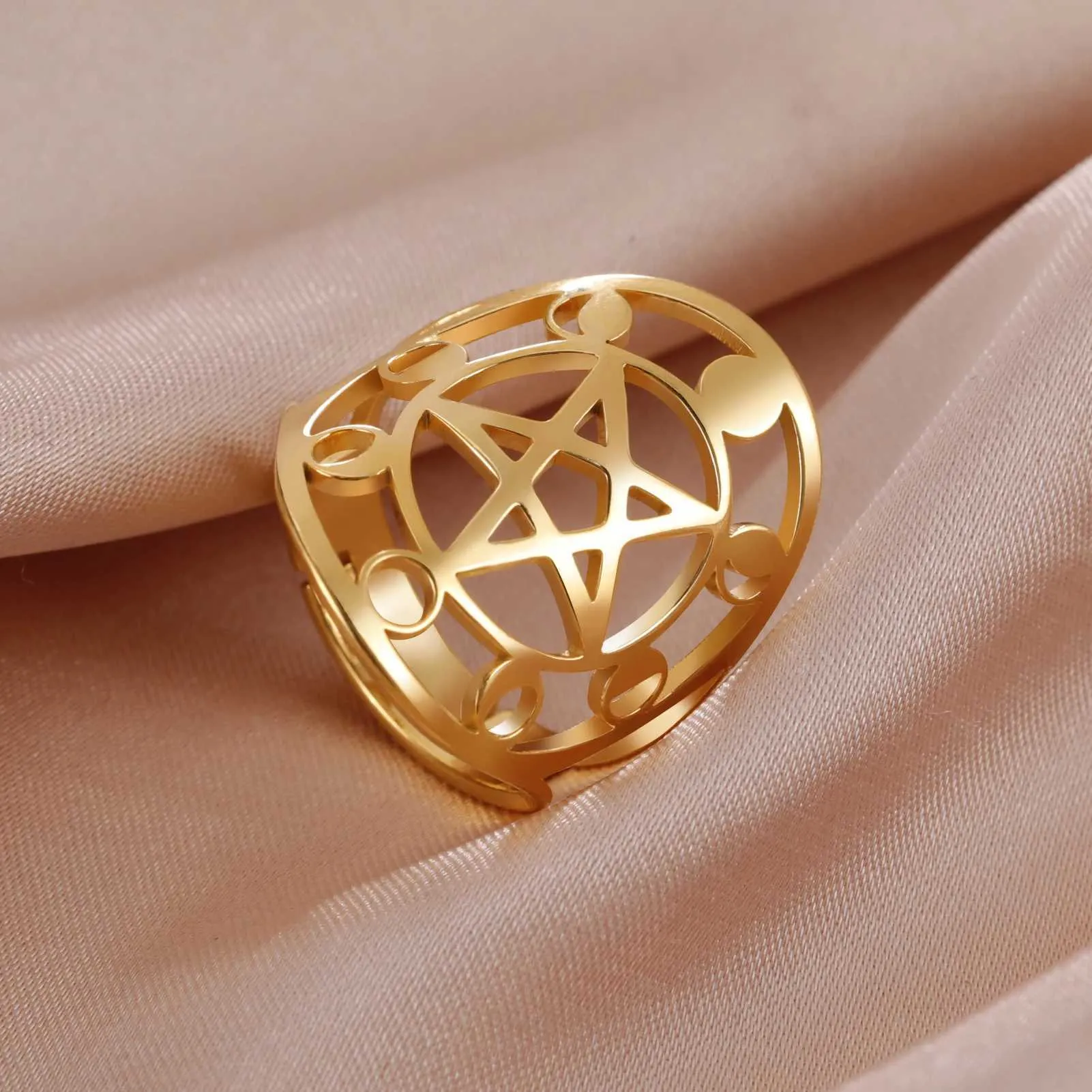 Eheringe Skyrim Moon Phase Pentacle Pentagramm Ring Edelstahl Verstellbarer Finger Ringe Wicca Amulett Schmuck Geschenk für Mutterliebhaber