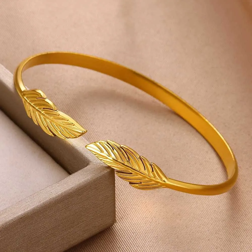 Charm Bracelets Stainless Steel Feather Bracelet For Women Vintage Gold Colr Designer Jewelry Aesthetic Bangle Daily_ipsvogv.com