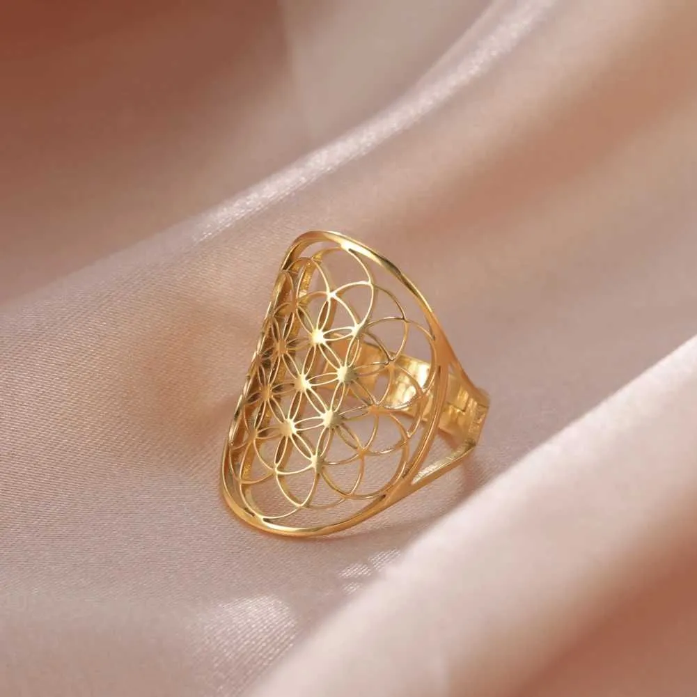 Alyans Skyrim Basit Bollow Çiçeği Yaşam Yüzüğü Ayarlanabilir Altın Renk Paslanmaz Çelik parmak Yüzükleri Kadın Mücevher Hediyeleri Toptan