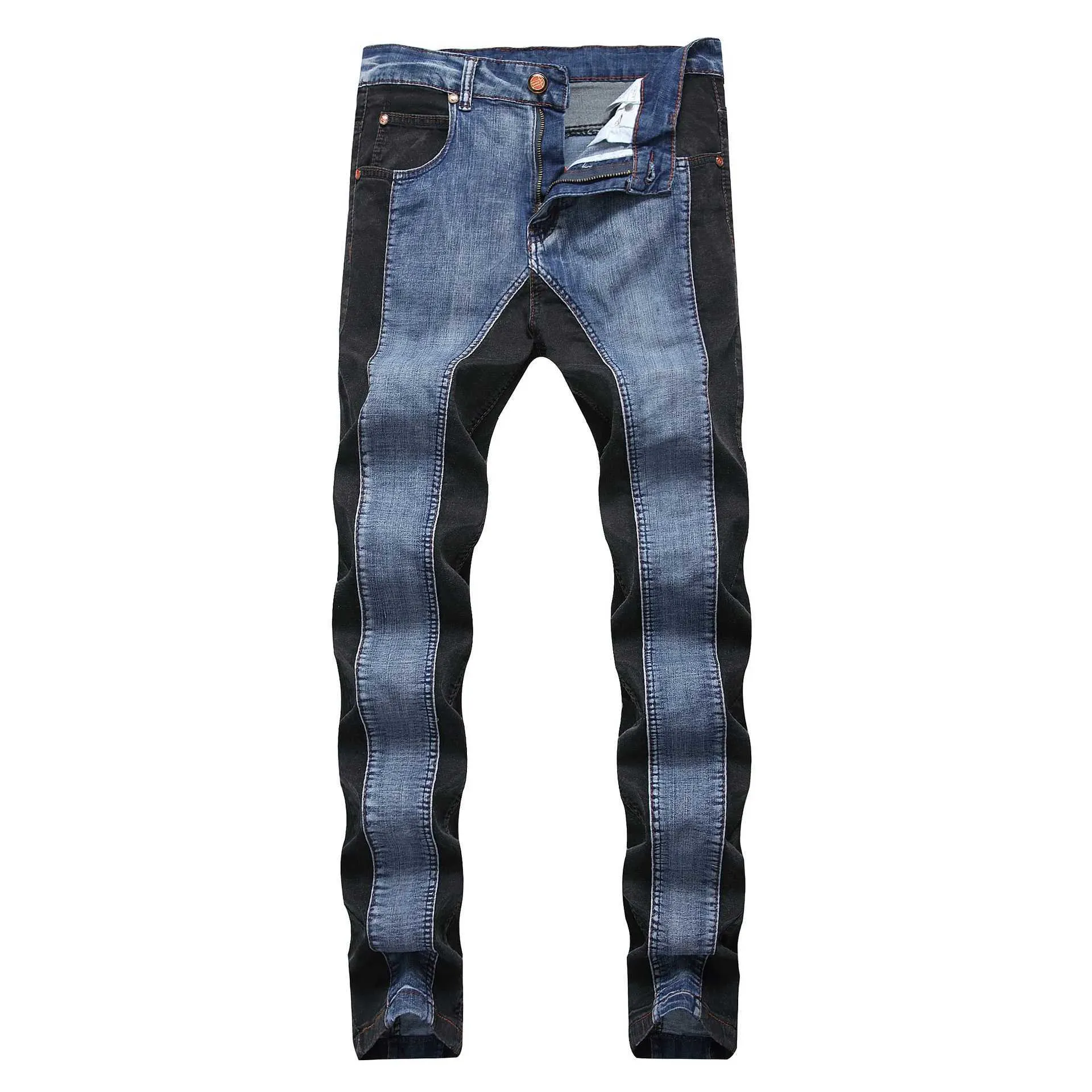 2018 Mens Harajuku Stripe Denim Jeans Casual Biker Slim Straight Pants Men Blue Designer Splice Jeans Plus Size 40