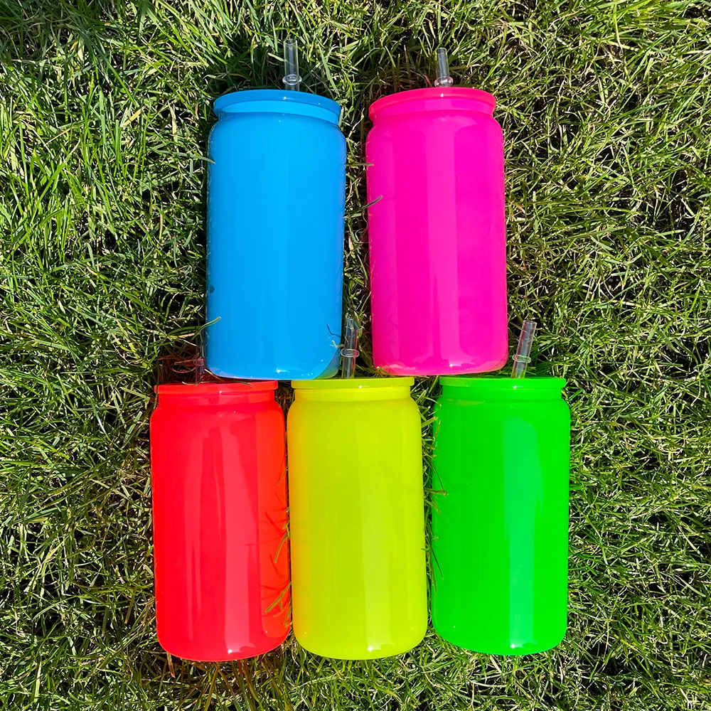Suitable for vinyl 16oz bright neon color cartoon style sublimation glass soda can BPA free school student water bottle tumbler with straw for summer vacation travel