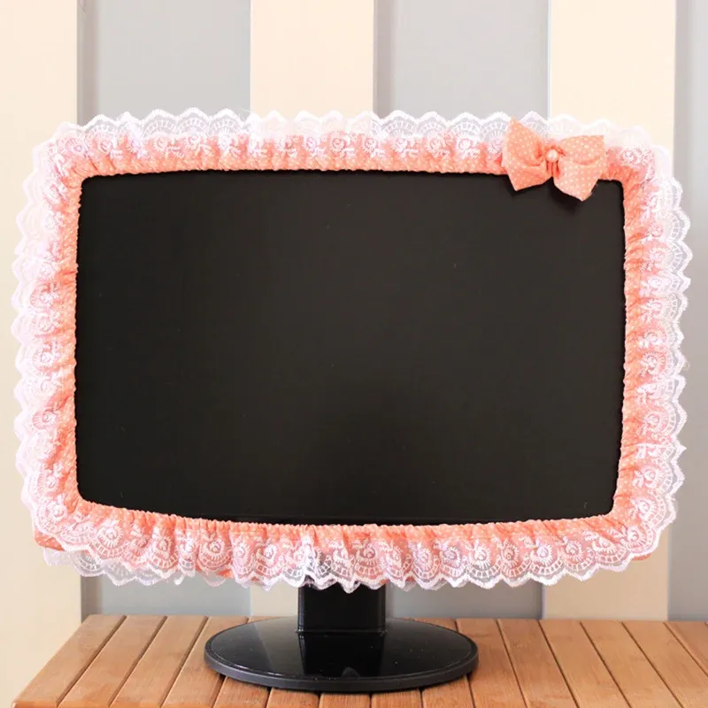 Covers Lace Fabric Computer Frame Cover Monitor Screen Dust Cover with Elastic Pen Pocket Bow