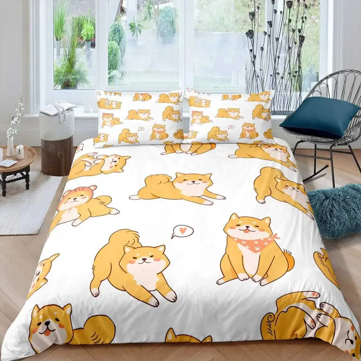 Set di biancheria da letto Shiba inu copripiumino Copertura carina shiba inu da letto set da letto adora il cartone animato in microfibra di piloti di piloti regina cover quilt j240507