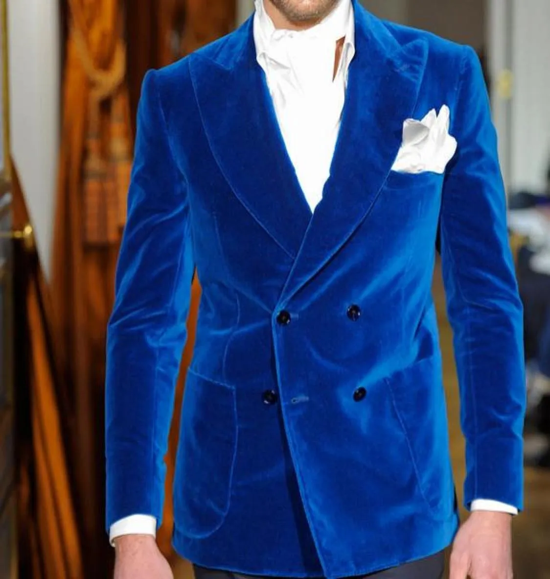 La mode Royal Blue Velvet Slim Fit Men Costumes pour le mariage Prom Prom Men Men Double Breasted Groom 2 Piece Jacket Pantal