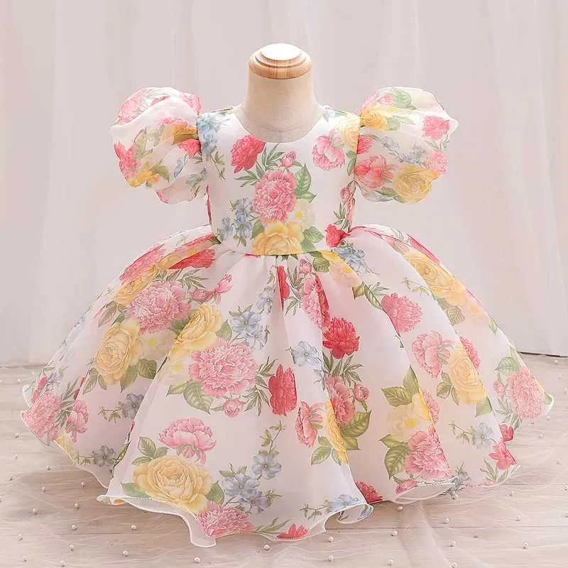 Girl's jurken kleuterschool bloemengreep mesh bubble korte mouwen prinses jurk v-bow decoratie zoete vakantie stijl kust camping #m139l240508
