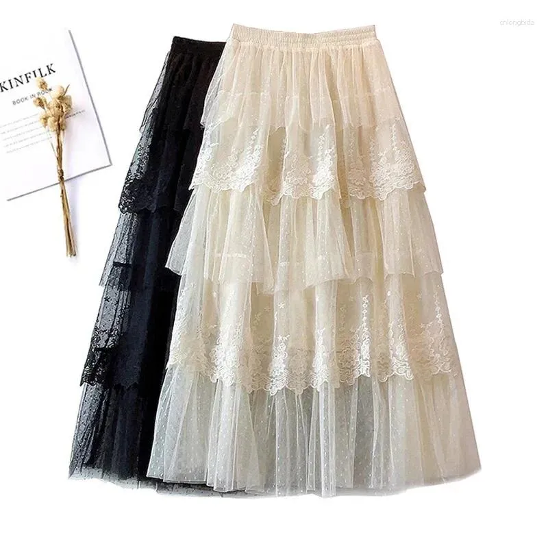 Skirts Elegant Lace Patchwork Tulle Long Skirt For Women 2024 Romantic Polka Dot A Line High Waist Tiered Mesh Midi Female Z553