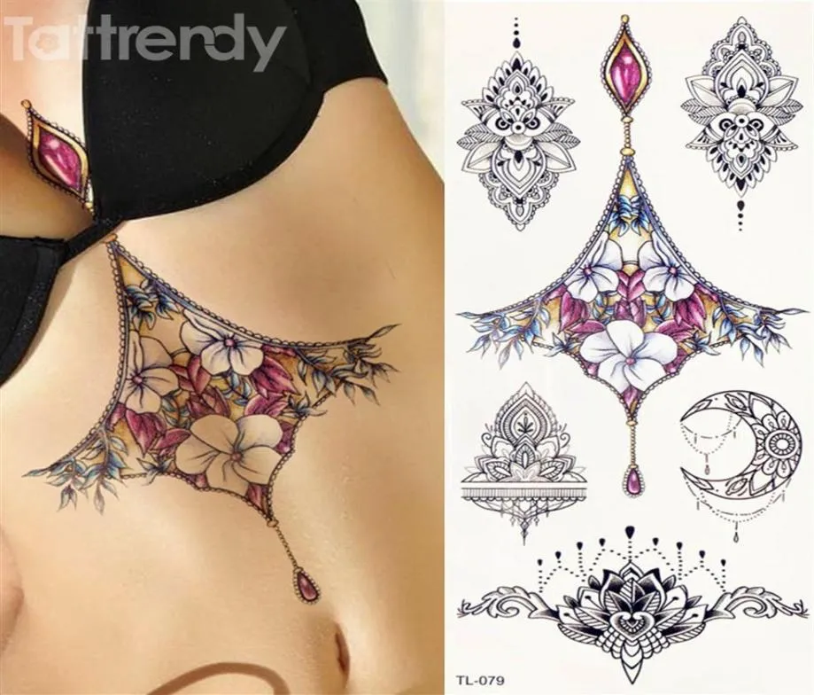 1 feuille Femmes Sternum Bijoux Tatouage Temporaire Body Chéchante Tatouage Autocollant Cool Sexy Choker Pendant Sous Breast Designs T9059941