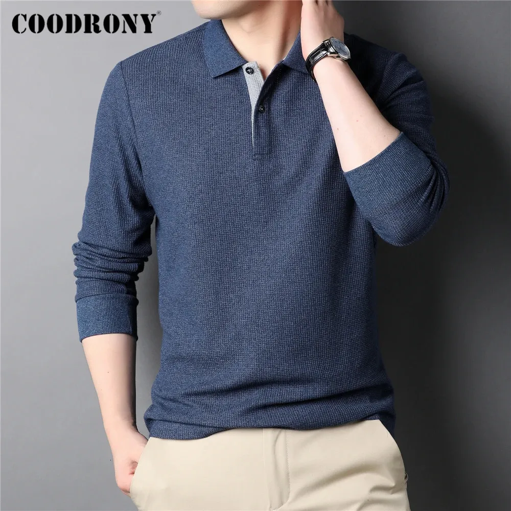 Coodrony varumärke mens poloshirt våffla mönster långärmad tshirt män kläder mjuk bomullsaffär casual t shirts homme z5108 240429