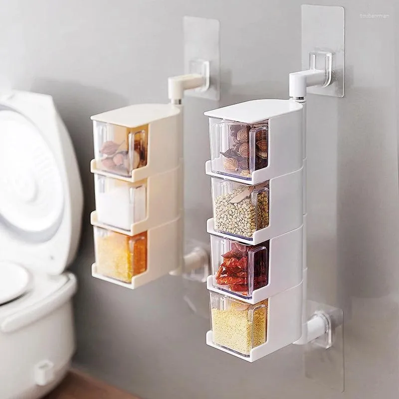 Storage Bottles Condiment Box Kitchen Plastic Container Wall-Mounted Rotatable Multi-Layer Drawer