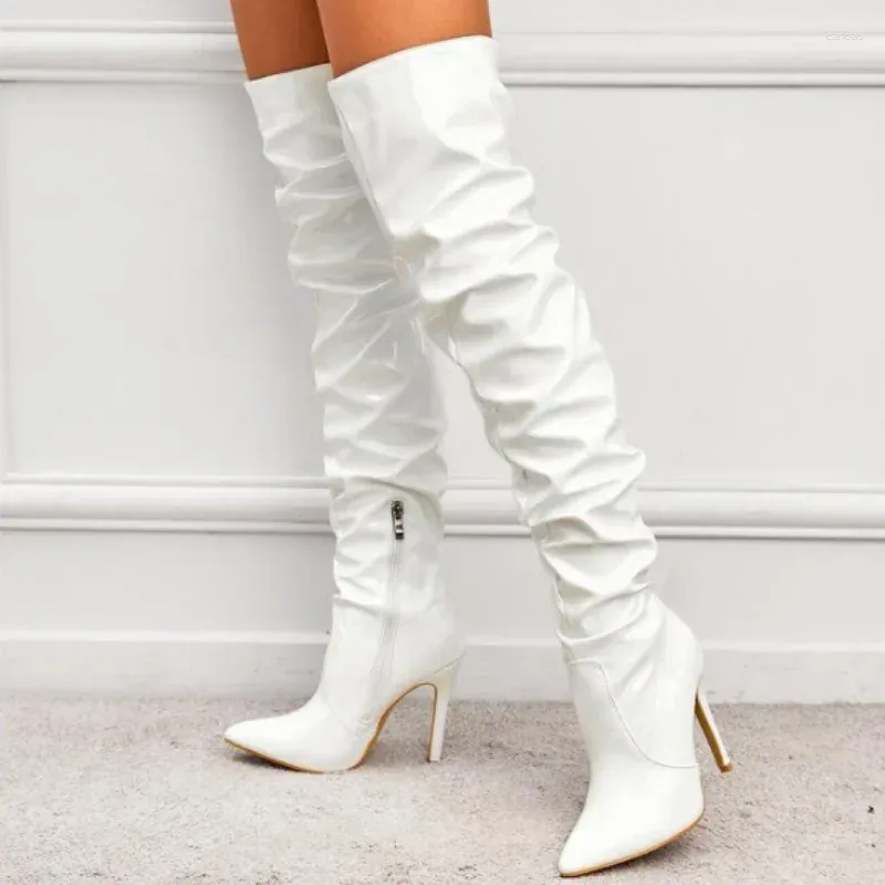 Bottes Femmes sur la botte du genou pointu à bout poitto talons hauts chaussures en cuir patent solide lazaine de zipper