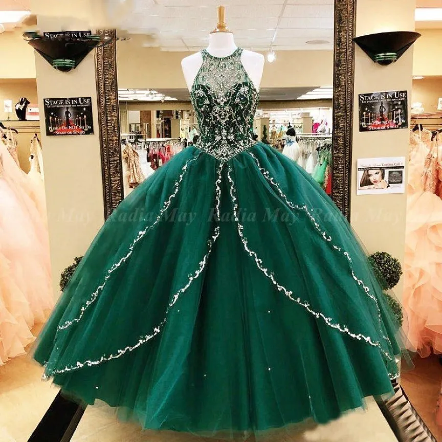 Robe de boule en tulle vert émeraude Robe quinceanera 2020 Crystal perlé Sweet 16 robes de fête d'anniversaire vestidos de 15 anos 244t