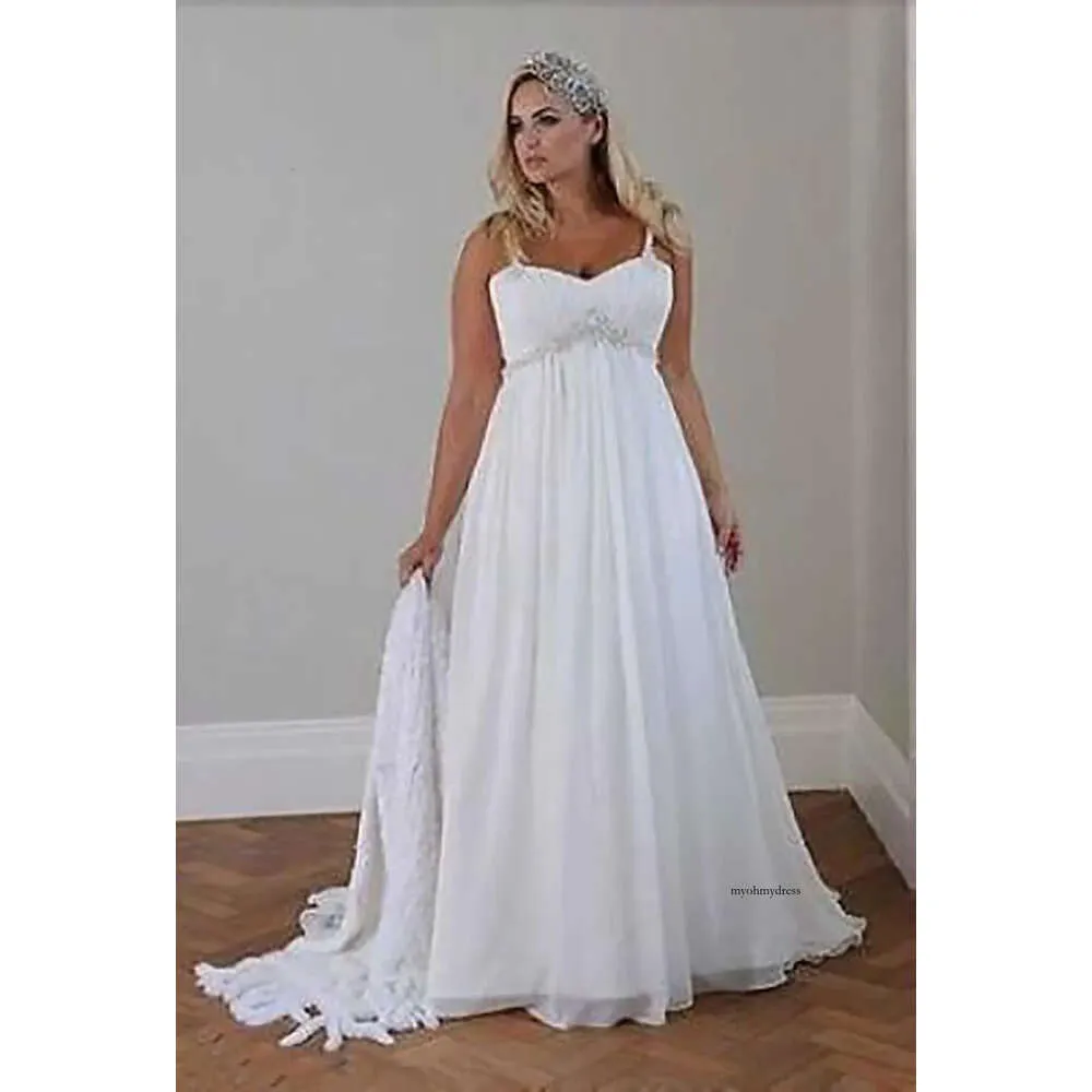 Vestidos de noiva de praia casual de tamanho grande 2021 tiras de espaguete com miçangas de chiffon comprimento do piso império cintura elegante Gownse 0509