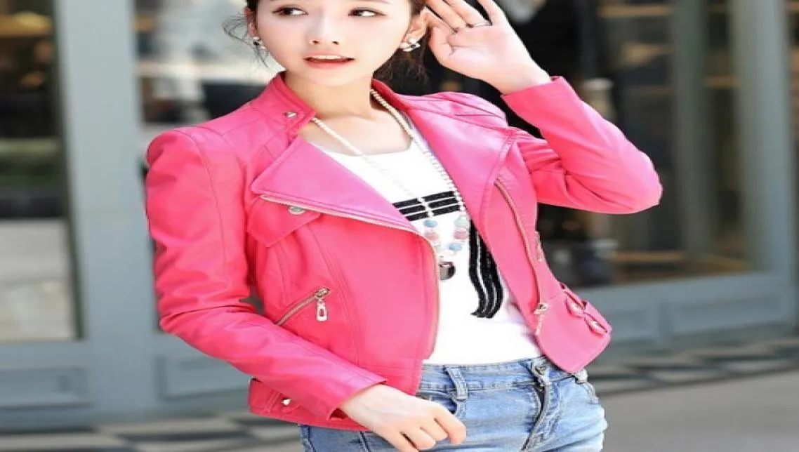 Dames039S PU Leather Motorcycle Biker Jacket Pink Black Coat Leather Women Schuine ritssluiting Korte Outerwear Hip Hop Womens5454580