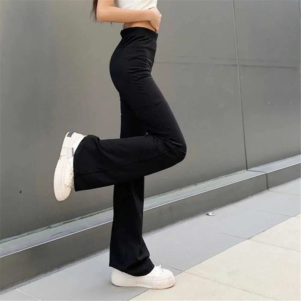 Frauenhose Capris vollständig passend Frauen modische elastische Taille schwarze Blitzhose Solid Farbe hohe Taille Weitbein Hosen Freizeit Hipster Street Clothingl2405