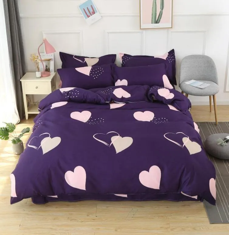 Maison textile coeur violet couette couvercle de plante motif de plante feuille de lit de lit d'oreiller girl gamin adulte literie set king queen bedlinen complet18736019