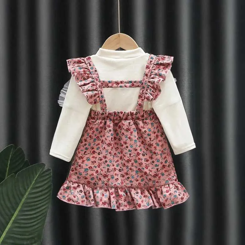 Abiti da ragazza Autunno per bambini abiti da ragazza vestito a maniche lunghe a maniche lunghe+abito cinghie 2pcs set di biota da panoramica abito da bambino a due pezzi A854