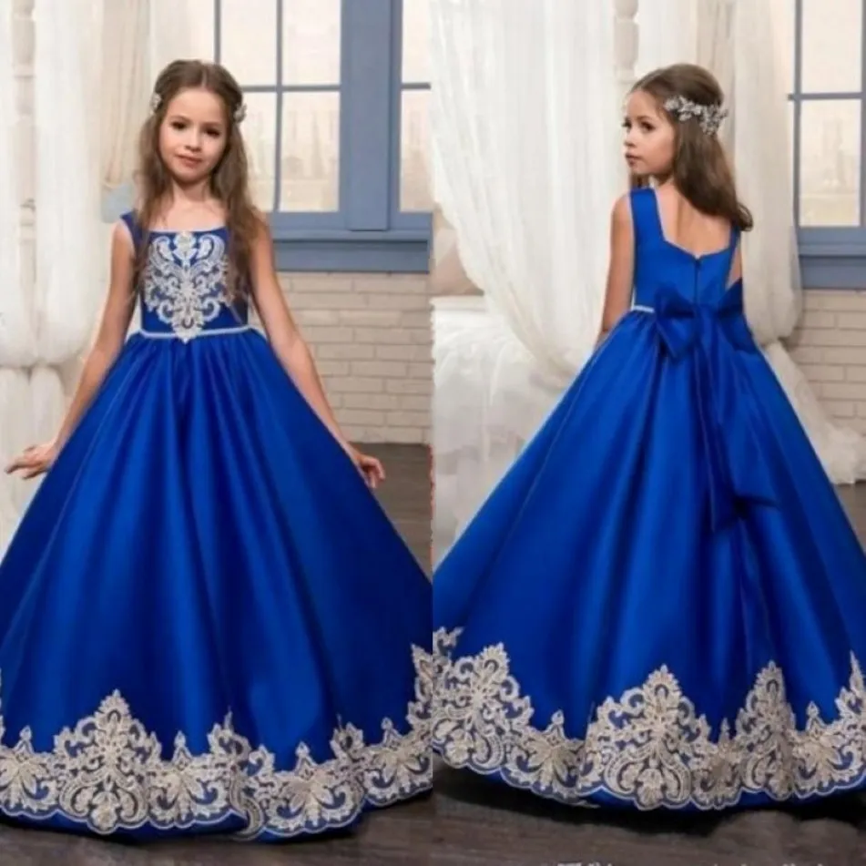 Frühling 2020 Royal Blue Flower Girl Kleider mit Spitze Quadratausschnitt Puffy eine Linie bodenlange Satinkinder Brautkleider für Mädchen 259h