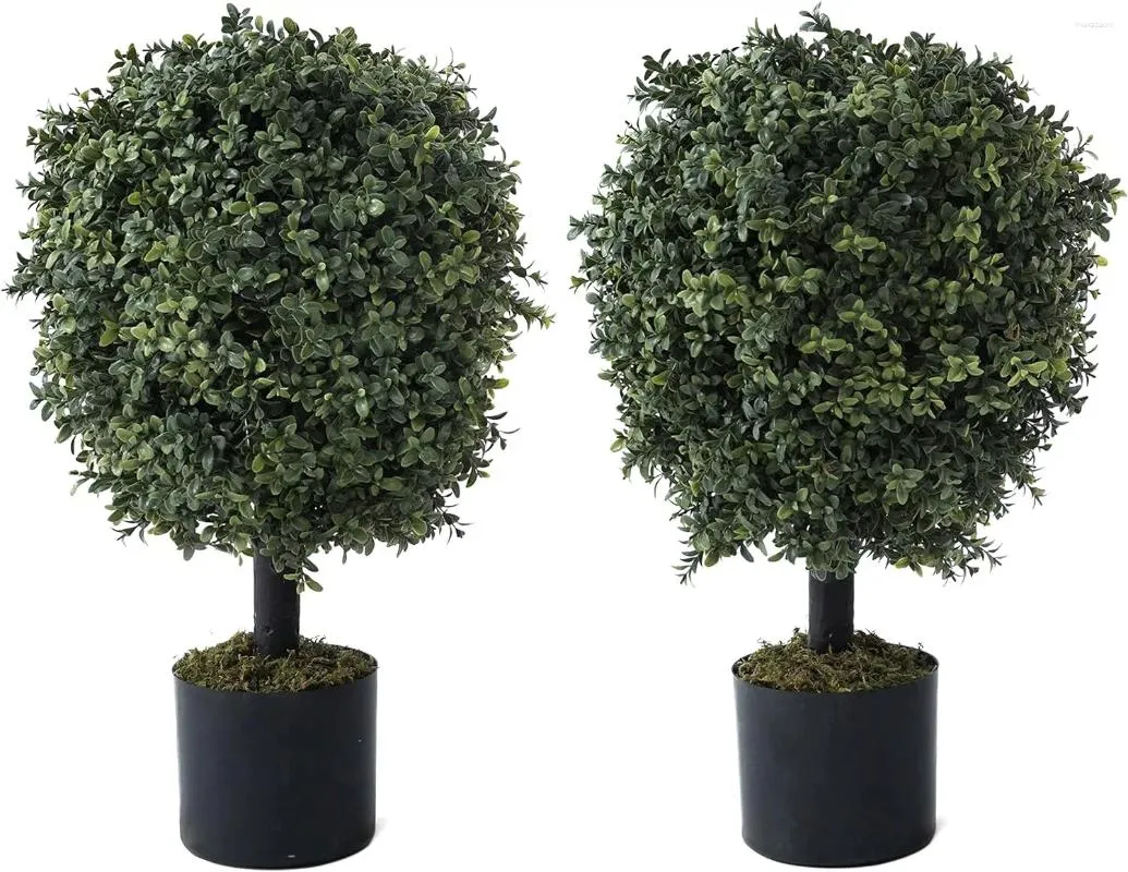 Flores decorativas arame o conjunto de árvores de bola de topiaria artificial de boxwood de 2 plástico verde