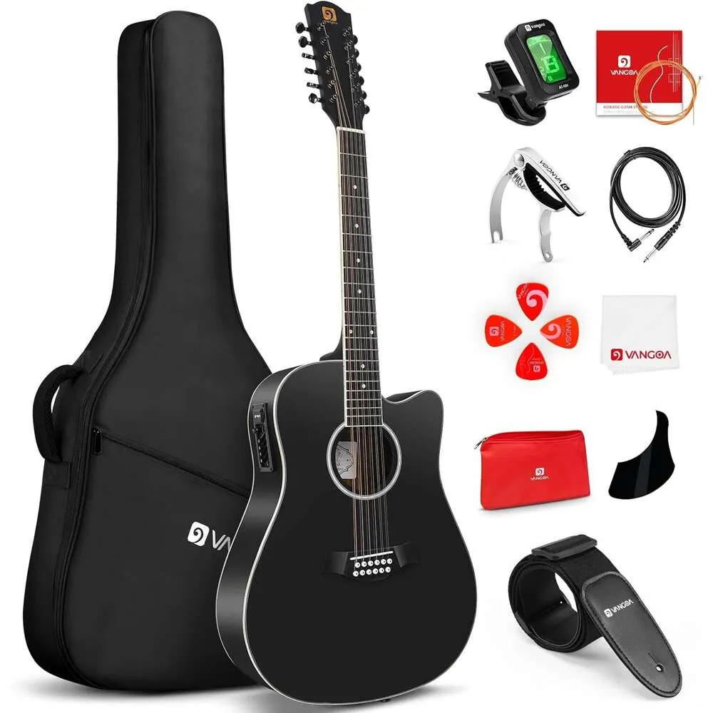 Vangoa 12 string guitare acoustique électrique Cutaway Guitarr Borque pour les adultes débutants adolescents épinets top noix de démarrage amélioré kit noir mat