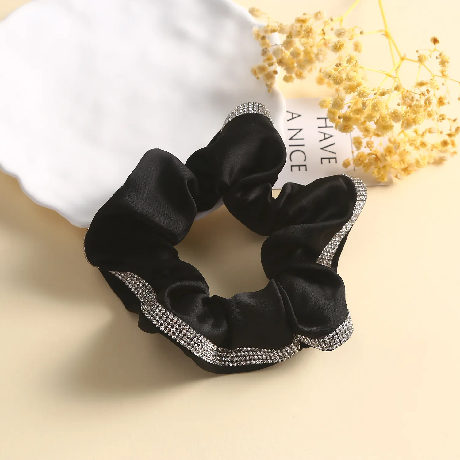 Rhinestone Scrunchie Embellished Sparkly Black ballet wedding Crystal ScrunchiesHair Tie Ponytail Holder Accessory for Women