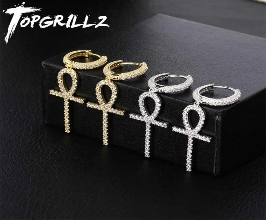 Topgrillz Iced Zircon Ankh örhänge Gold Silver Color Micro Paled AAA Bling CZ Stone Earrings For Man Women Hip Hop Jewelry 2110091907827
