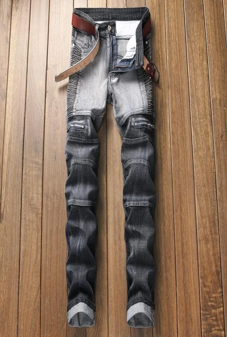 Mode Mens Zipped Paneled Slim Fit Jeans Designer Pleated Motocycle Biker Straight Leg Denim Pants Big Size Byxor JB7 JB713283555