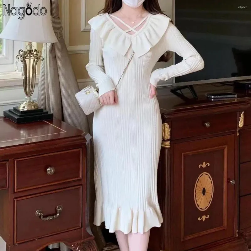 Casual Dresses Korean Chic Gentle Sweet Girl Sticked Long Dress Autumn Winter Y2K Ruffled Maxi For Women Plus Size Slim BodyCon