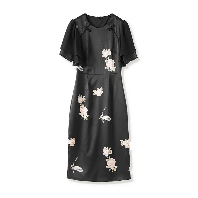 Robe lambrissée à imprimé floral noir manche courte rond rond jacquard robes décontractées au genou W4M065410