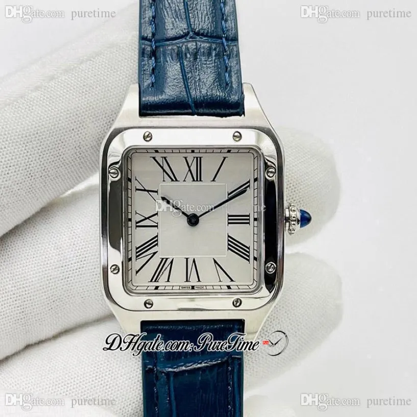 Par exemple, Dumont WSSA0022 WSSA0023 43 38 mm Swiss Quartz Lovers Watch Mens Womens Ladies montres en acier cadran argenté Roman Markers Blue Leat 2177
