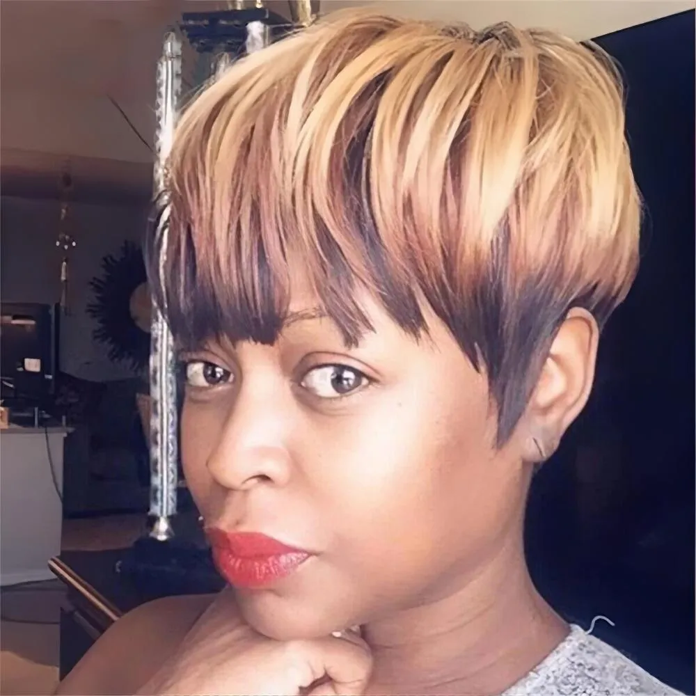 Pixie Cut Perücken für schwarze Frauen menschliches Haar kurze Bob -Perücken mit Pony Black Mixed Braun Highlight Farb Perücken Afroamerikanische gemischte Farbe