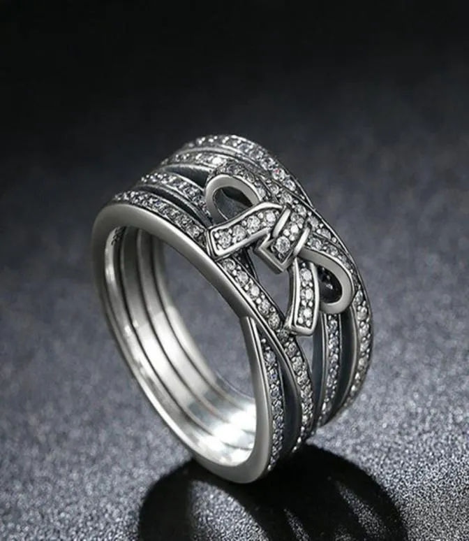 Großhandel- Real 925 Silver Bow Ring Set Original Box für CZ Diamond Women Engagement Rings Modeaccessoires6881525