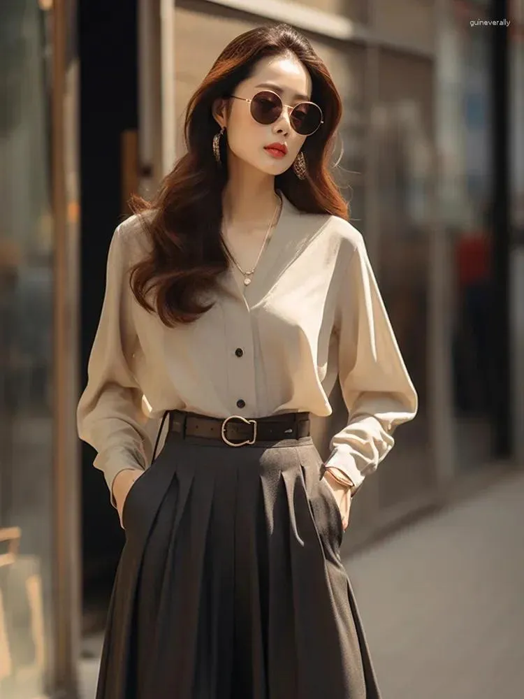 Elegant Khaki Shirt Brown Skirt Suit Stylish Office Wear for Women