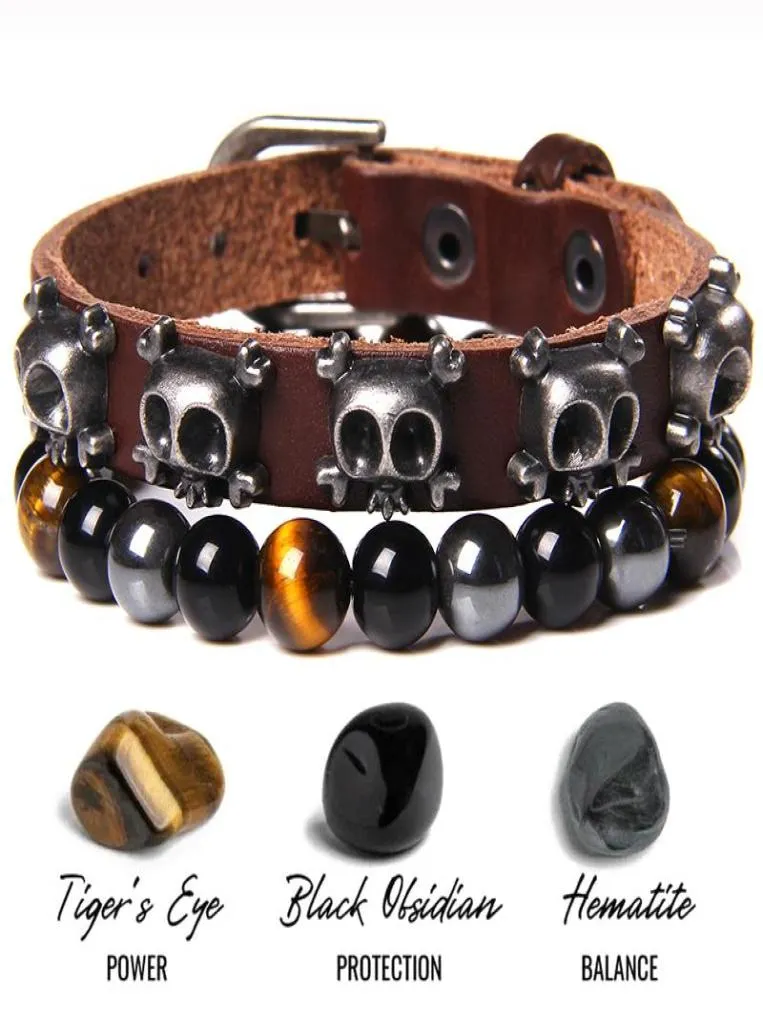 Brins perlés punk gothique rock crâne bracelet natural tigre œil de pierre bracelets pour hommes hématite obsidienne d'équilibre énergétique en cuir 4599645