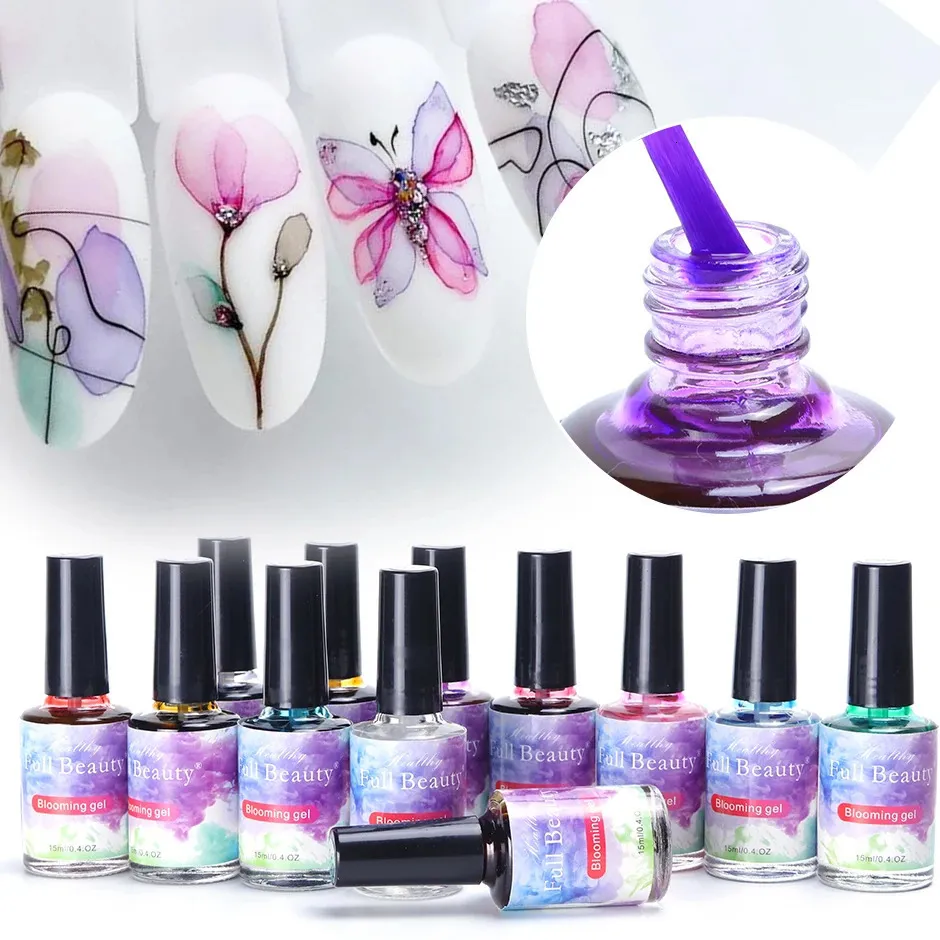 12pcs Blooming Marble Watercolor Nails Gel Polish Ink Spring Flowers Design Smudge Effect Soak Off Manicure Hybrid Varnish JI895 240509