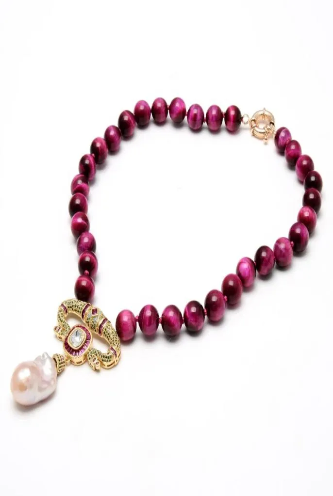 Guaiguai sieraden natuurlijke gladde ronde ronde fuchsia tijger oog ketting kubieke zirkonia cz pave roze keshi parel hanger voor vrouwen7909540