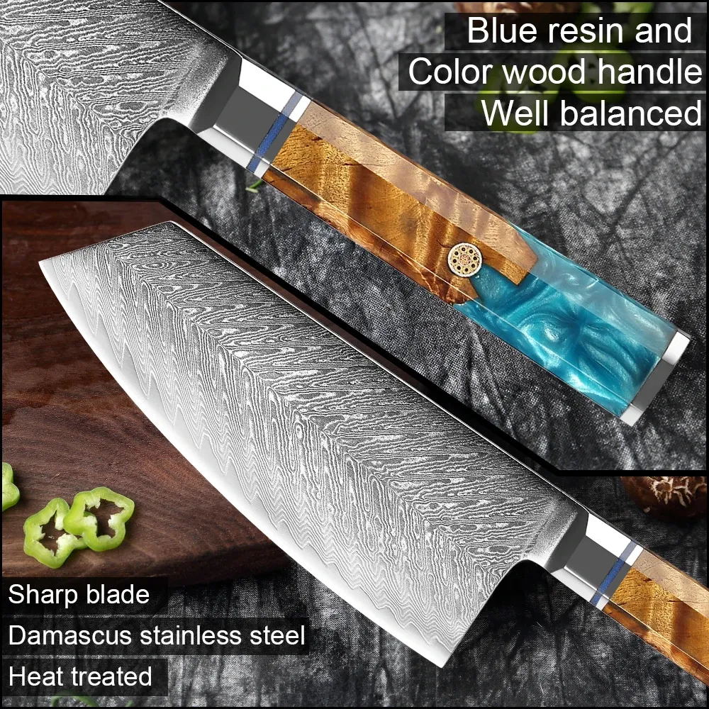 7In Meat Cleaver Damascus Chef -mes, Japanse VG10 Stalen kern scherp mes, multifunctionele keuken kookgroentegangsnijmes