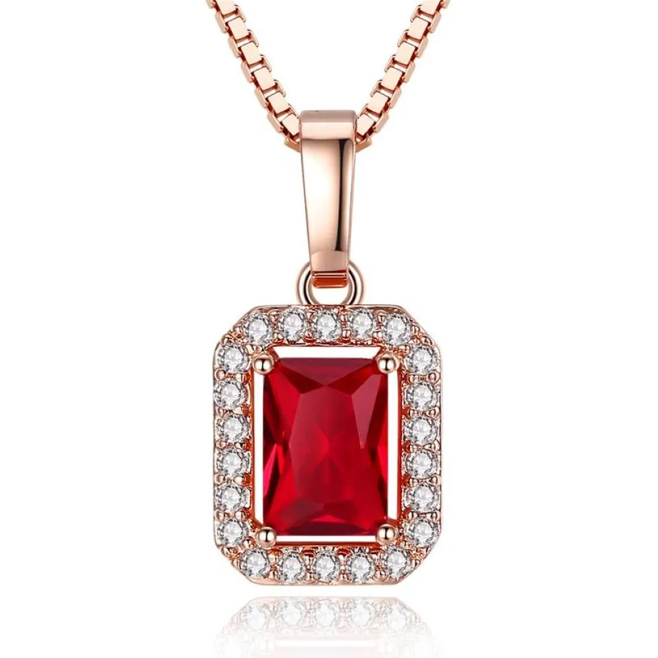 Fashion Luxury Rose Gold Square Pendant Collier Femme Engagement de mariage Rouge Crystal Rimestone Zircon Colliers Cumbic Zirconia Party 288F