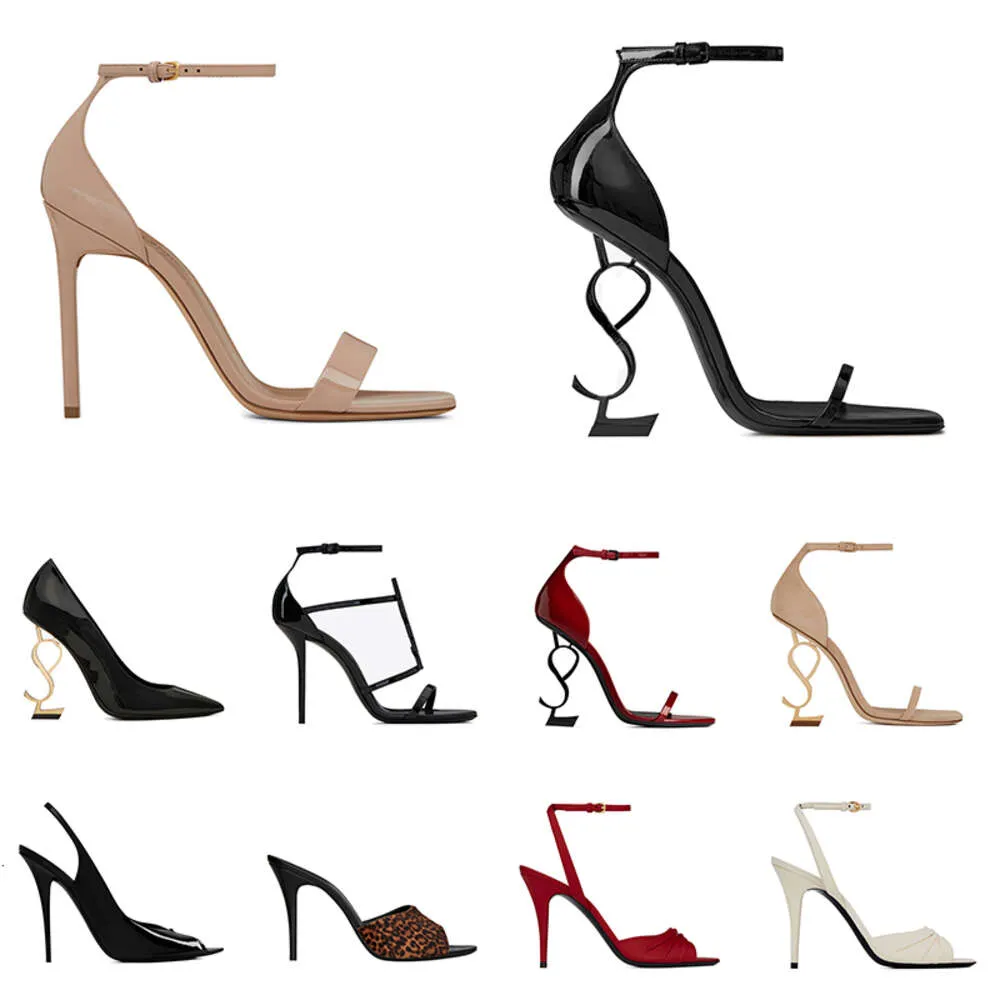 Ysl ﾠ femmes chaussures habillées designers hauts talons en cuir breveté Gol Tone triple noir nuede argent femme sandales mode sandals fêtard