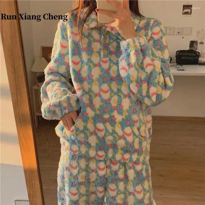 Abbigliamento da donna runxiangcheng autunno/inverno boccia addensati in stile normale stella che guarda luna flanella set di pigiama in flanella