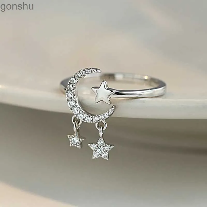 Coupages anneaux 2022 Zircon coréen étoile Moon Pouettel Bague femme argent argent feuille minimale plume réglable anneau de doigt WX