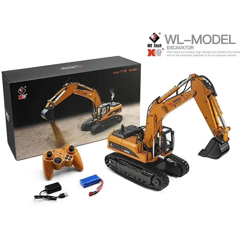 Wltoys 16800 116 24G Excavator RC Car Toys Styling 23 Channel Road Construction All Truck Auto in metallo con fumo leggero a LED 240508