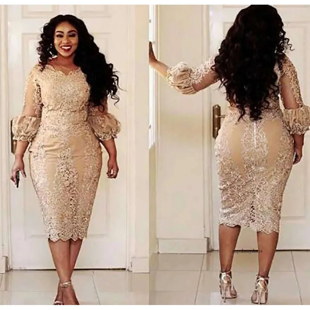 DHgate Elegant Champagne Lace Short Mother of the Bride Dresses Plus Size 3 4 Sleeve Sheath MOB Gowns Wedding Party Events