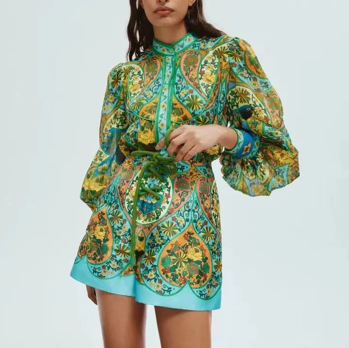 Designer Two Piece Set 2024 Spring/Summer New Style Vintage Printed Bubble Sleeves Long sleeved Loose Ramie Shirt with High Waist Shorts Set