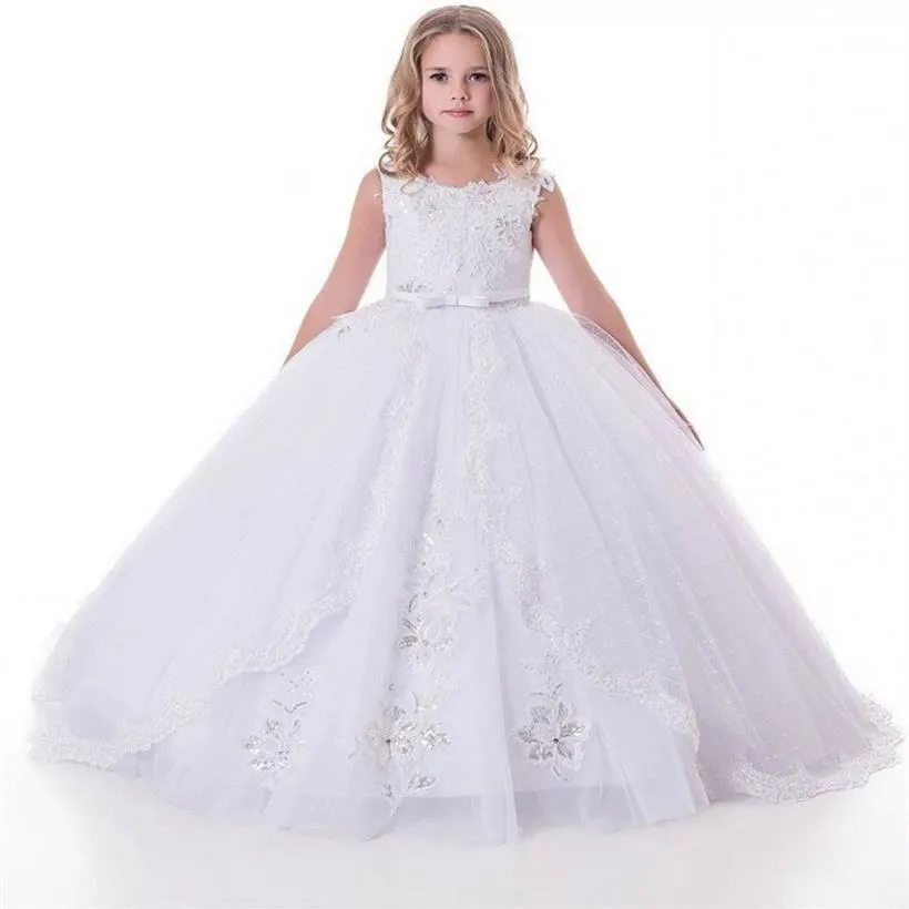 2021 Weiße Blumenmädchenkleider für Hochzeit Lace Girls Festzugskleid Kinder Erste Kommunion Prinzessin Kleider 3387