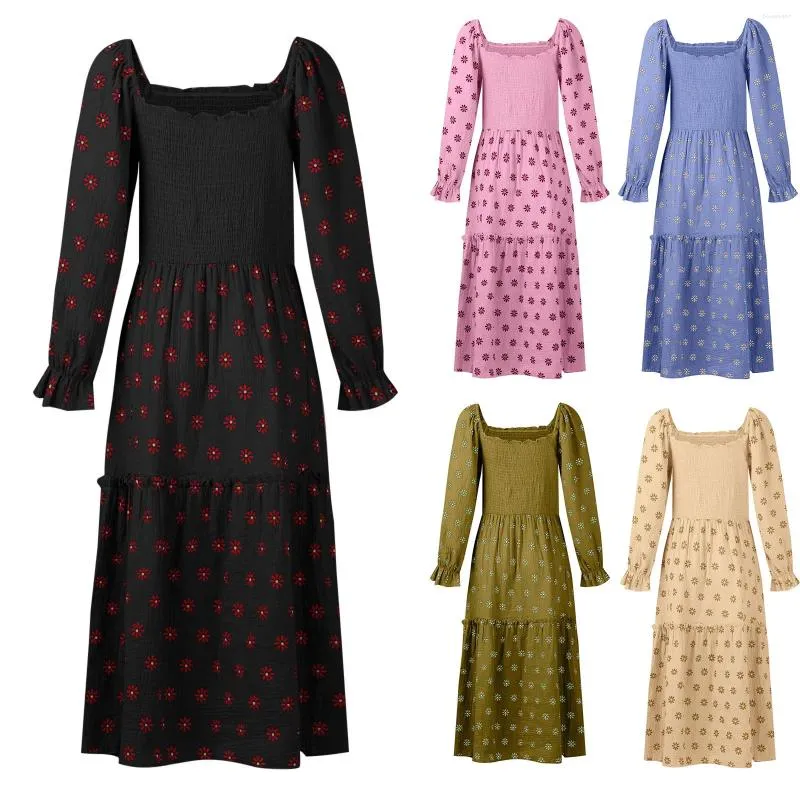 Casual Dresses Autumn Ladies Dress Square Collar Hornhylsa Lång kjol och sommarmaxi för kvinnor 2024