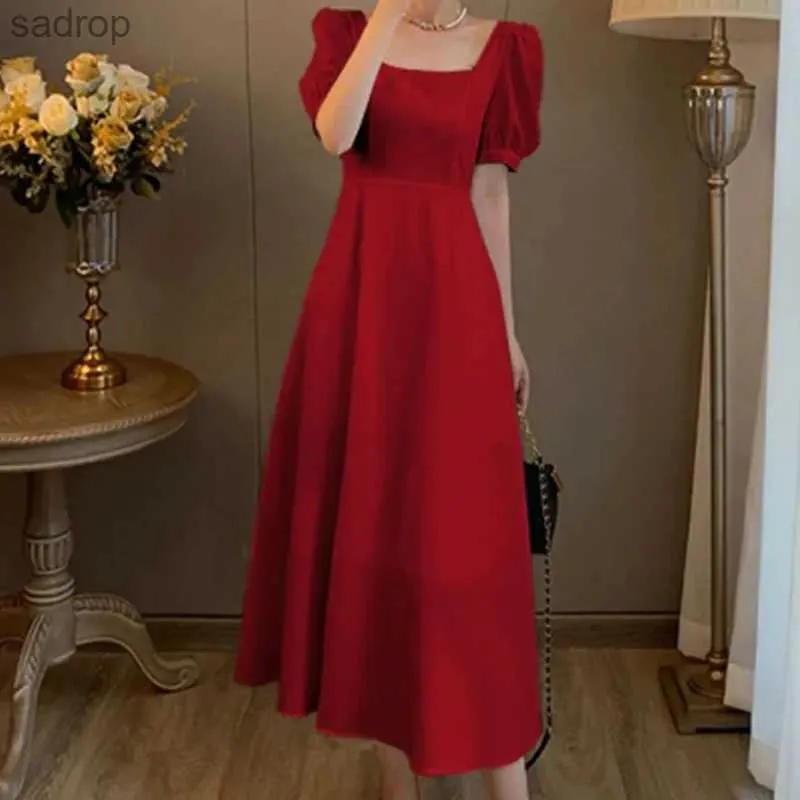 Vestidos casuales básicos mangas rojo rojo elegante escote cuadrado vestido de línea casual sólido vest de boda sólida verano 2023 xw